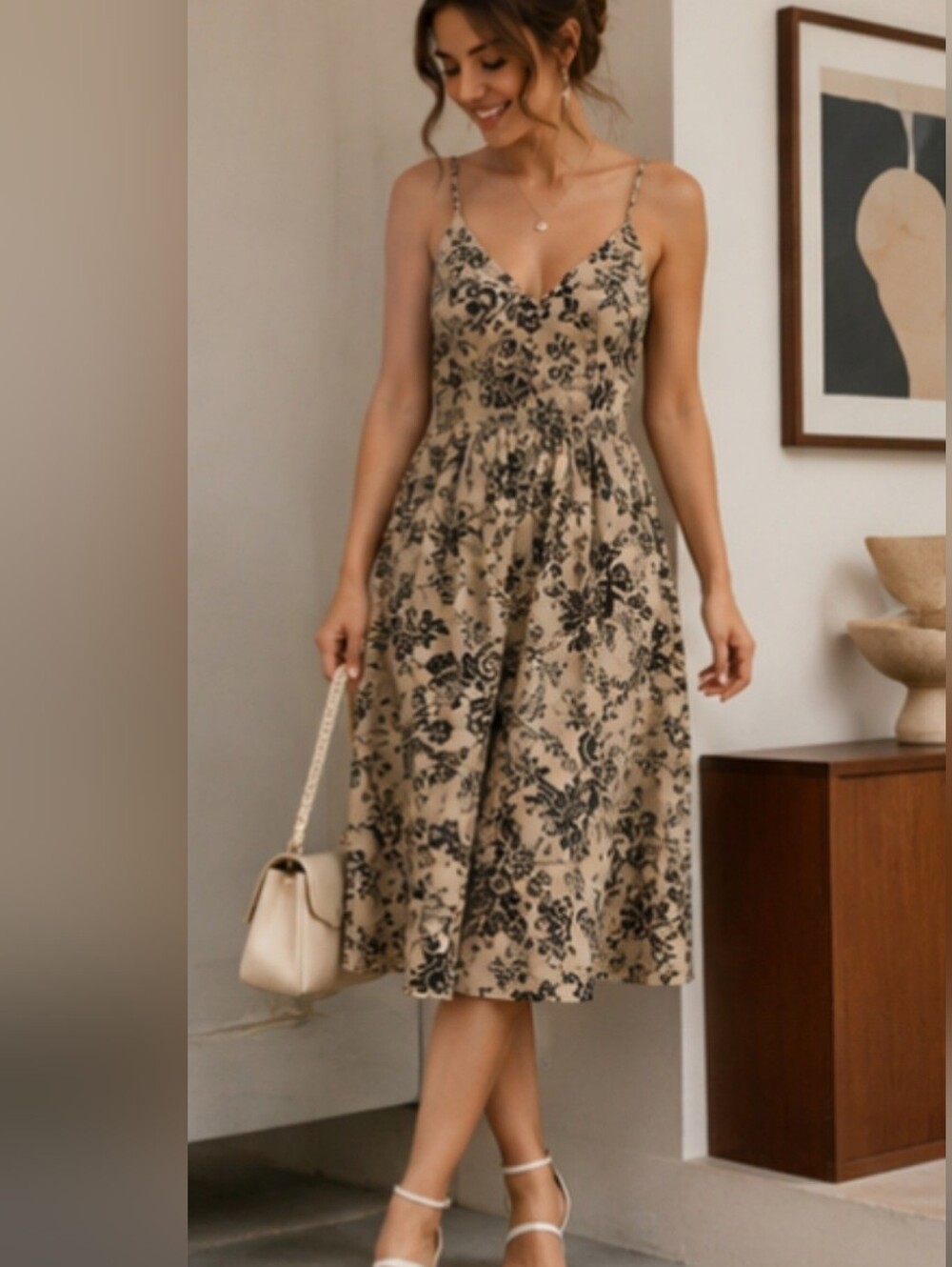 Signature By Robbie Bee Cream and Black Floral Cotton Midi Dress S